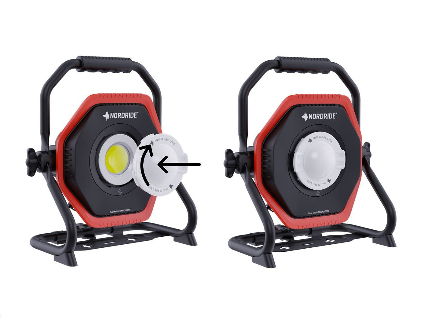 Zwei tragbare NORDRIDE Hochleistungsstrahler Lumos 80W R Dual Kelvin, jeweils mit Handgriff und Stativ; links eine Nahaufnahme der gelben LED ohne Abdeckung, rechts die Baustellenbeleuchtung mit angebrachter Abdeckung.