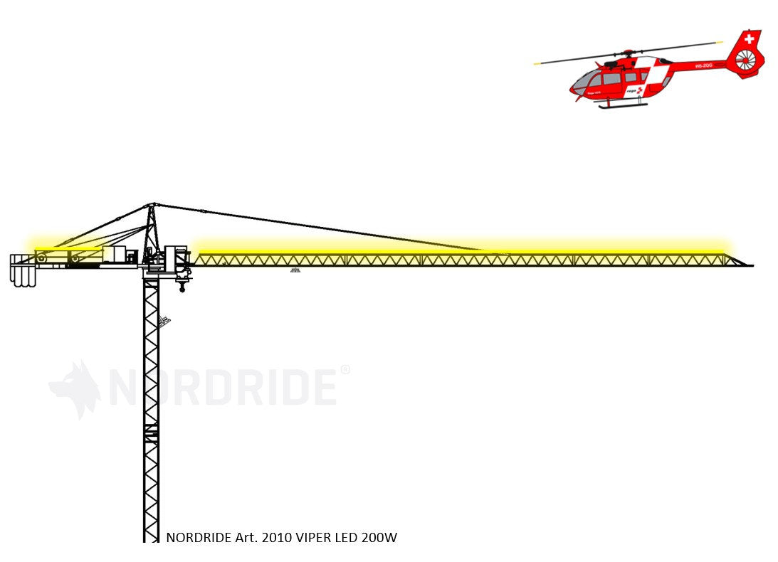 Illustration eines hohen Baukrans mit einem langen Arm, der vom NORDRIDE Lichtband Viper LED 25m beleuchtet wird, und einem rot-weißen Rettungshubschrauber, der über und rechts vom Kran fliegt.