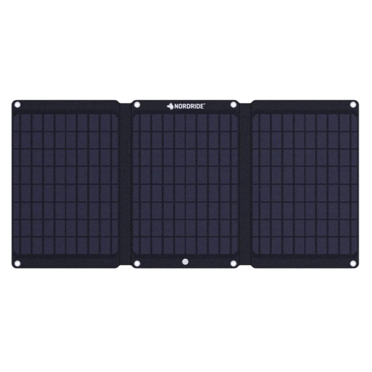 Ein faltbares, dreiteiliges Solarladegerät mit einem Gittermuster und vier Befestigungslöchern in den Ecken. Der Markenname NORDRIDE und der Produktname SOLAR PULSE 24W erscheinen oben in der Mitte dieses mobilen Solarladegeräts.