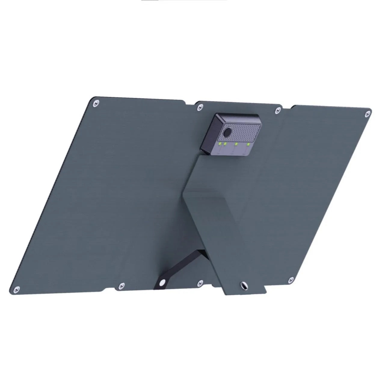 Ein rechteckiges, dunkel getöntes NORDRIDE SOLAR PULSE 24W-Panel mit einem zentralen Ständer und einem daran befestigten mobilen Solarladegerät mit Kontrollleuchten, von hinten gesehen.
