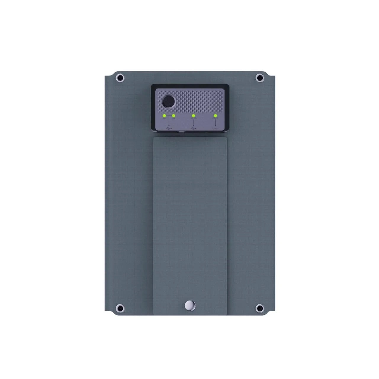 Ein rechteckiges, graues elektronisches Gerät, wie der NORDRIDE SOLAR PULSE 24W, mit einer Oberseite mit einem Knopf, einem Netz, vier grünen Lichtern und Schraubenlöchern in jeder Ecke zur Montage auf flachen Oberflächen.