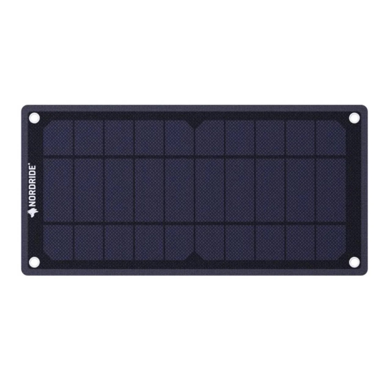 Das schwarze, rechteckige Solarpanel Nordride SOLAR PULSE 7W mit monokristallinen Zellen und Gittermuster trägt links den weißen NORDRIDE-Schriftzug. Vier Ecklöcher ermöglichen das einfache Befestigen oder Aufhängen - ideal für mobiles Laden.