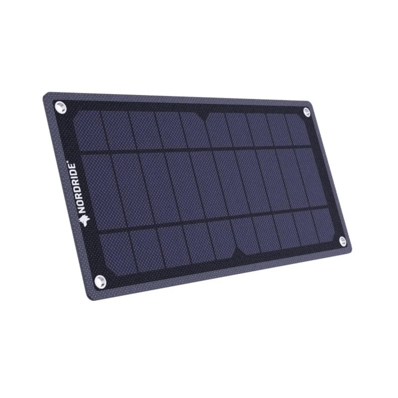 Das Nordride SOLAR PULSE 7W von NORDRIDE ist ein rechteckiges, tragbares Solarpanel mit einem schwarzen Rahmen und monokristallinen Zellen. Vier Befestigungslöcher an den Ecken und das NORDRIDE-Logo auf der linken Seite machen es perfekt, um Ihre Powerbank überall aufzuladen.