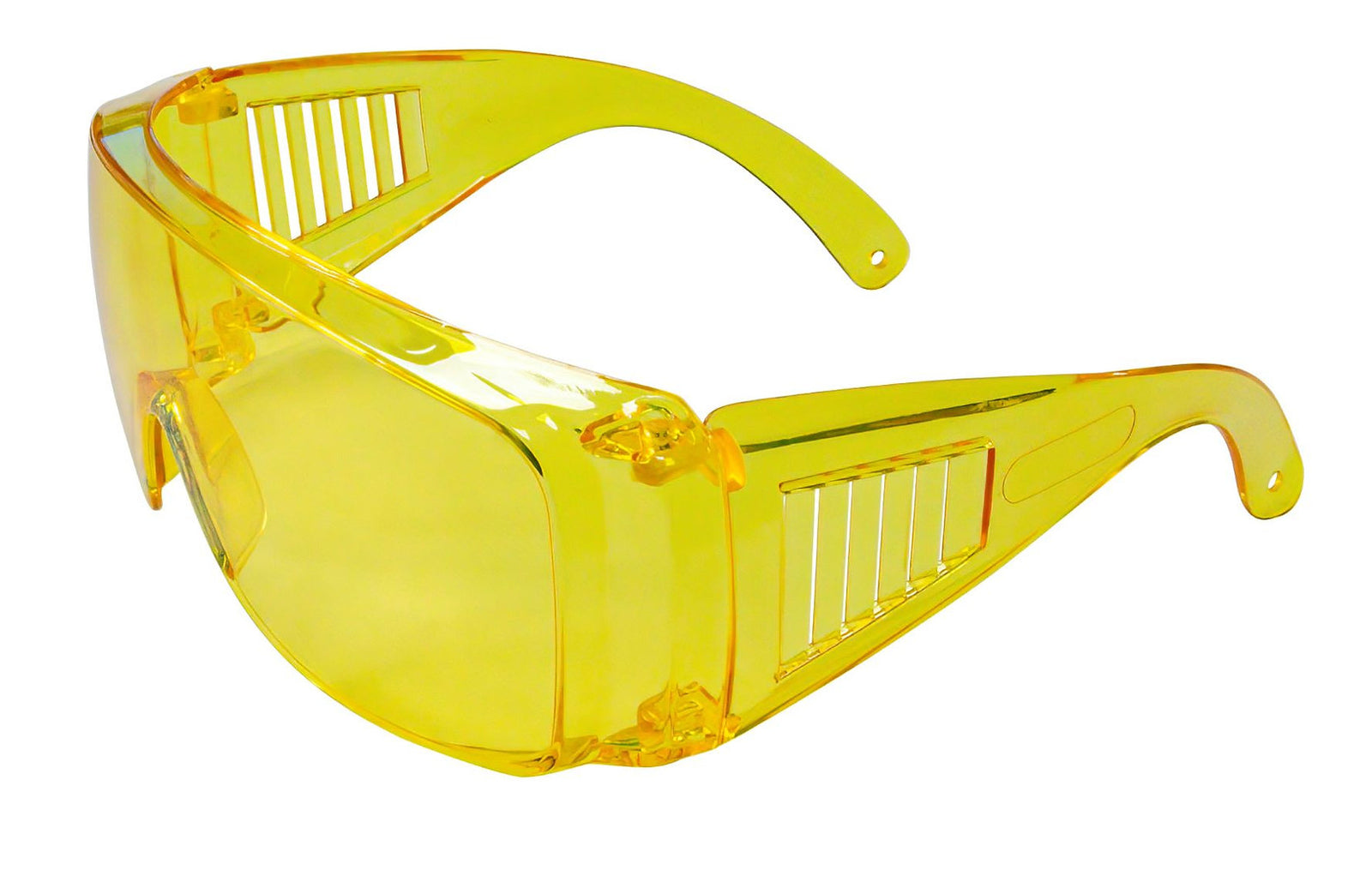 Gelbe Schutzbrille mit Seitenschutz und belüftetem Rahmen, zum Schutz der Augen bei der Verwendung der NORDRIDE Nordride Taschenlampe Spot UV 365 A Set.