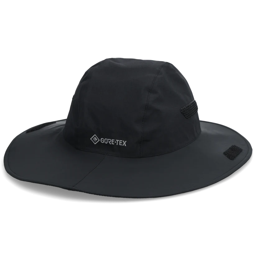 Der OUTDOOR RESEARCH Seattle Regenhut - Black ist ein breitkrempiger GORE-TEX Hut mit abgerundeter Krone, seitlichem Logo, Belüftungslöchern und verstellbaren Bändern - ideal als wasserdichter Outdoor Hut. Inspiriert von klassischen Outdoor-Designs.