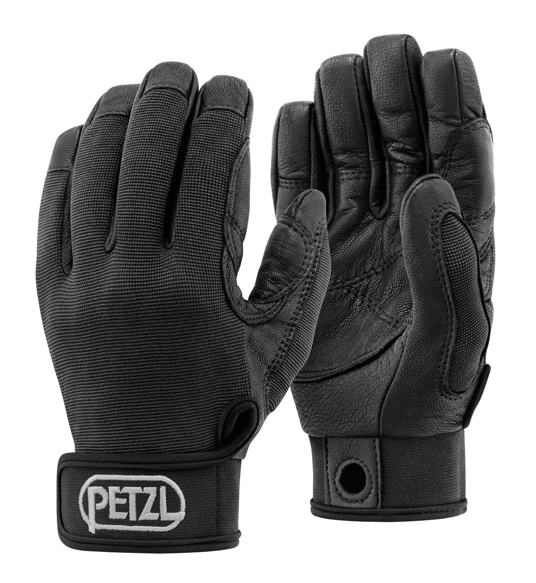 Der PETZL Handschuh Cordex in Schwarz verfügt über strukturiertes Synthetikmaterial, verstärkte Handflächen, verstellbare Handgelenkschlaufen und eine Stulpenschlaufe zur Befestigung. Abgebildet sind sowohl Vorder- als auch Rückansicht dieser Sicherungshandschuhe.