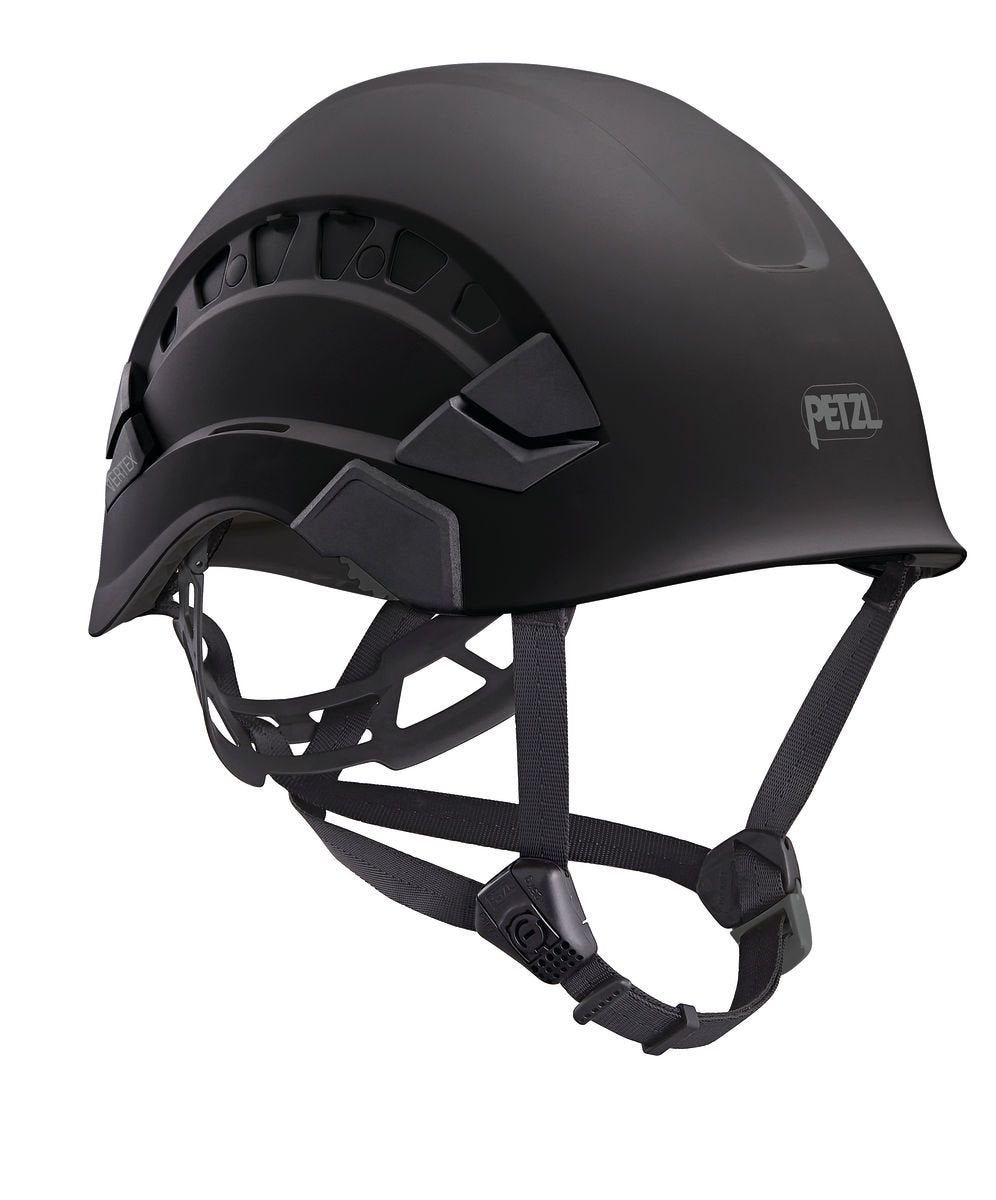 Der PETZL Schutzhelm Vertex Vent ist ein schwarzer Schutzhelm mit Lüftungsschlitzen und einem verstellbaren Kinnriemen, ideal zum Klettern oder für den Bau.