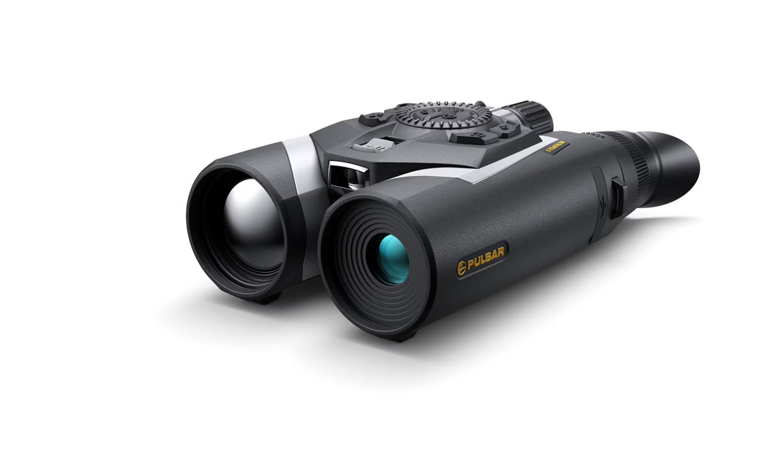 Eine Nahaufnahme des schwarzen PULSAR Pulsar Multispektrales Fernglas Symbion LRF DXT50 mit strukturierten Griffen, doppelten Gläsern, oberen Einstellrädern und sichtbarem Branding auf weißem Hintergrund.