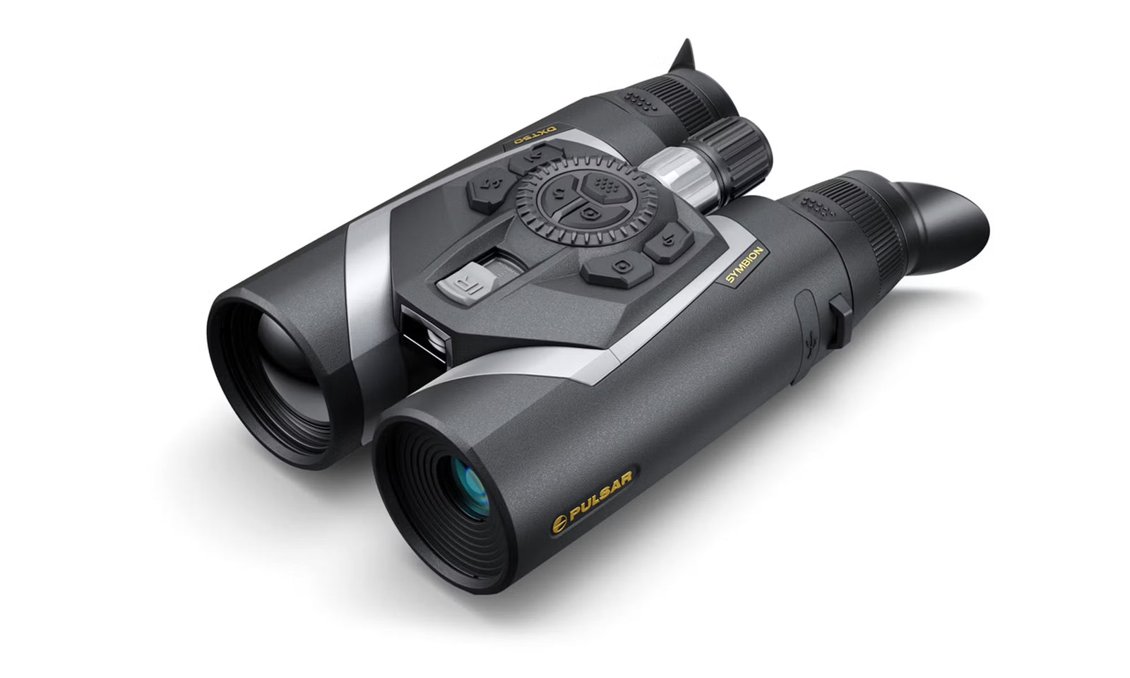 Eine Nahaufnahme des PULSAR Pulsar Multispektrales Fernglas Symbion LRF DXT50 in Schwarz und Grau zeigt die Bedientasten, die großen Linsen und den strukturierten Griff - ideal als Wärmebild-Zielgerät für präzise Beobachtungen.