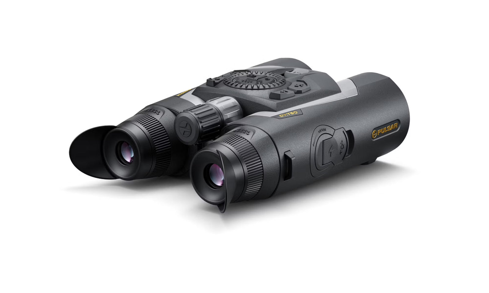 Ein schwarzes PULSAR Pulsar Multispektrales Fernglas Symbion LRF DXT50 Digitales Fernglas mit mehreren Tasten und Einstellrädern, seitlich mit FUSION beschriftet, auf weißem Hintergrund.