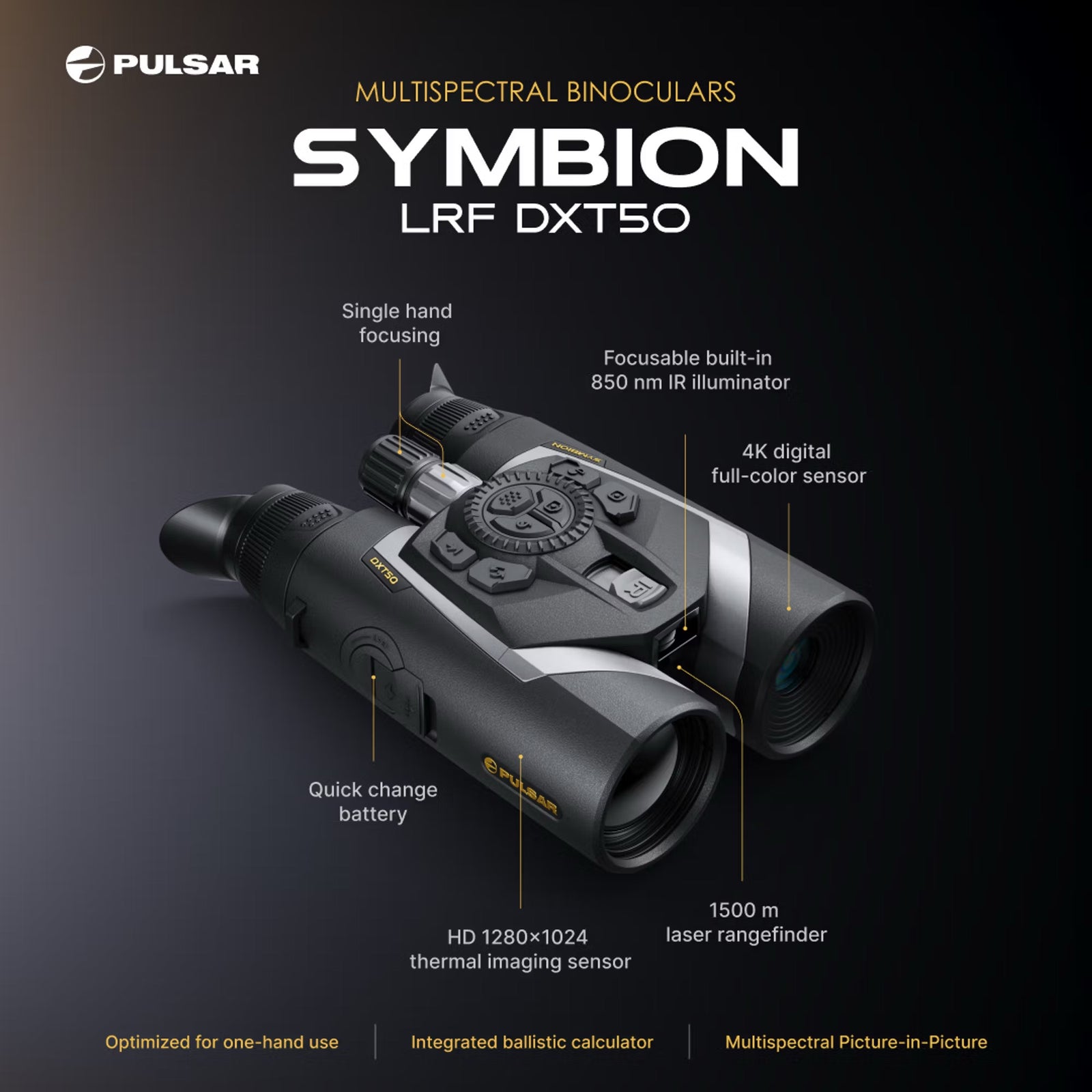 Das PULSAR Multispektrale Fernglas Symbion LRF DXT50 bietet 4K Sensor, 850nm IR-Licht, Laser-Entfernungsmesser bis 1500m, HD Wärmebildgerät, Schnellwechselakku und praktische Einhandfokussierung.