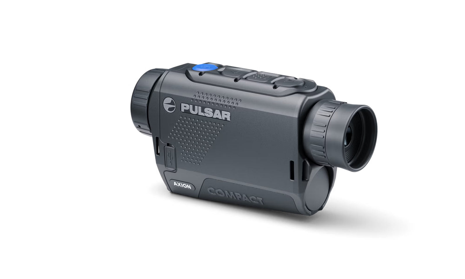 Das PULSAR Wärmebildgerät Axion XQ19 Compact ist ein schwarzes Wärmebildmonokular mit strukturiertem Griff, großem Okular, Bedienknöpfen an der Oberseite und dem Pulsar-Logo an der Seite, ideal für Thermal-Sehen.