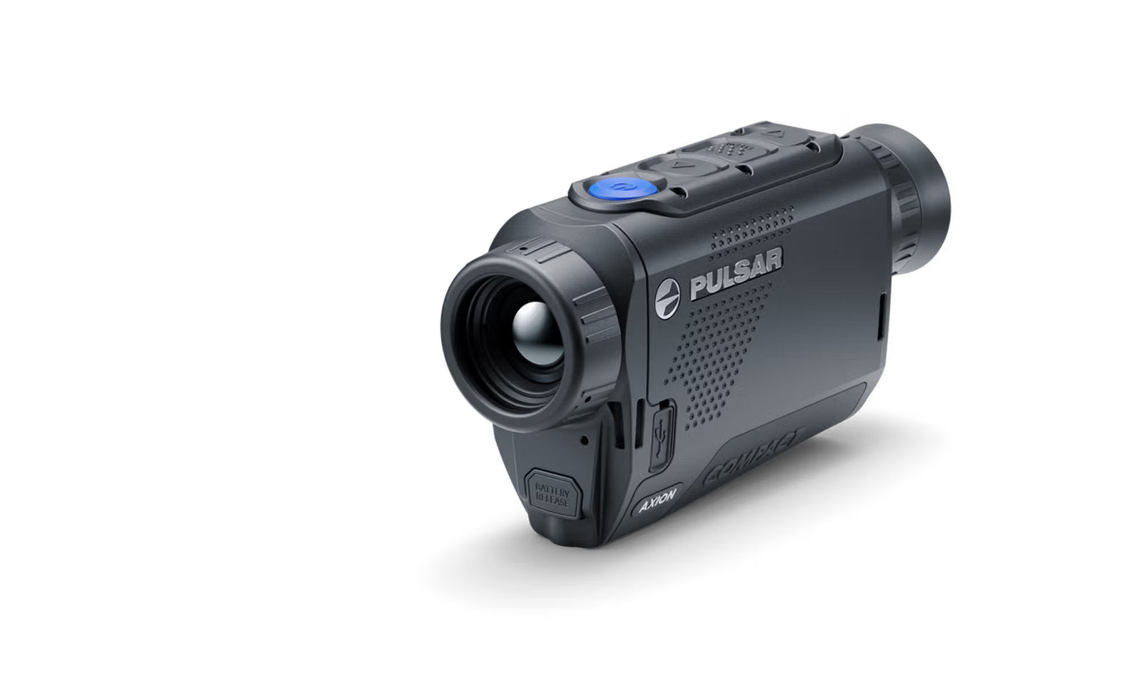 Das PULSAR Wärmebildgerät Axion XQ19 Compact, ein schwarzes Wärmebildmonokular mit großem Objektiv und seitlichen Tasten, ist auf weißem Hintergrund abgebildet - ideal für Thermal-Sehen-Anwendungen.
