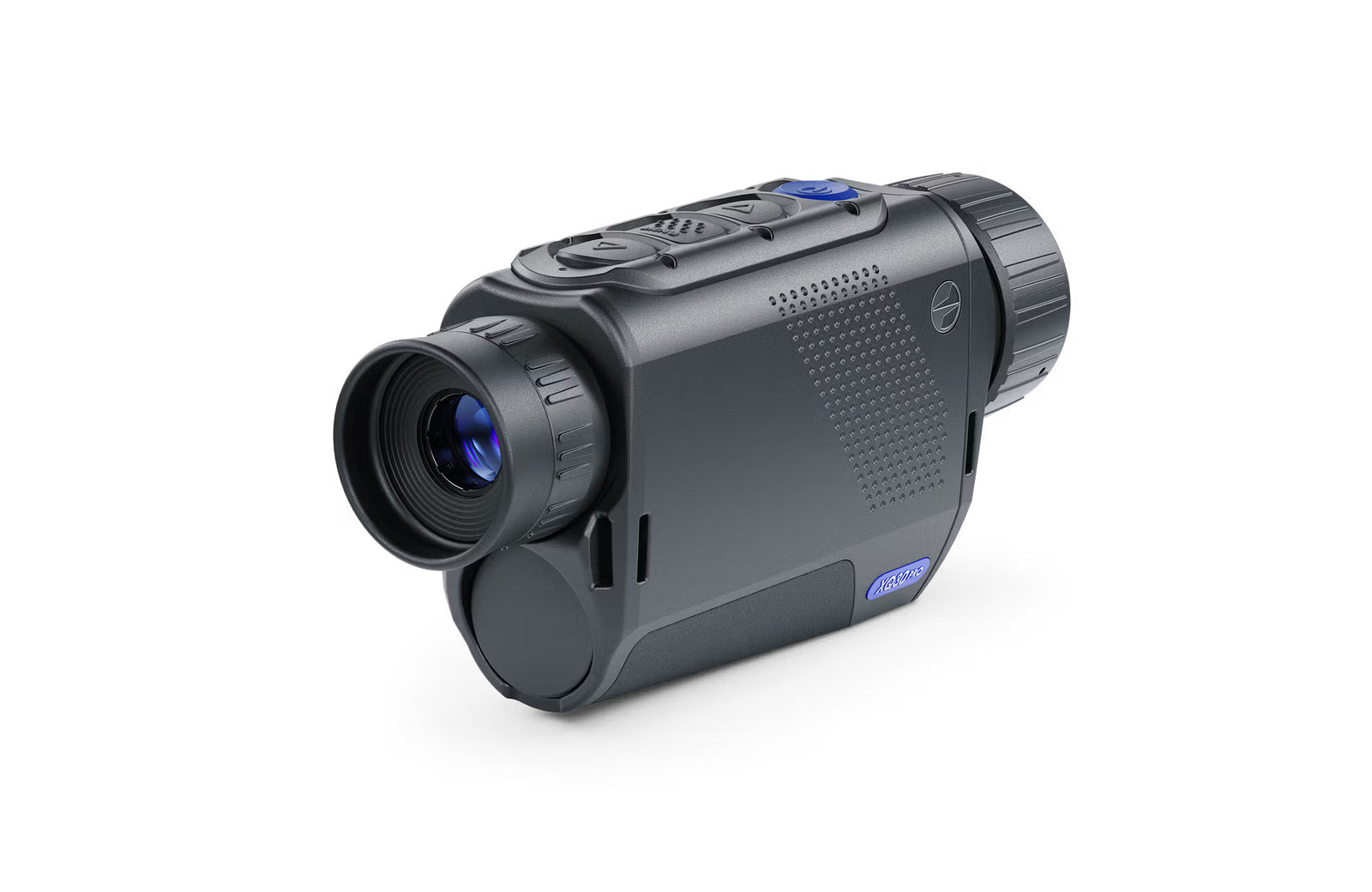 Das kompakte, schwarze PULSAR Wärmebildgerät Axion XQ30 PRO verfügt über einen strukturierten Griff, mehrere Bedienknöpfe auf der Oberseite, ein großes Okular und eine blaue Linse - ideal für die Jagd bei allen Lichtverhältnissen.