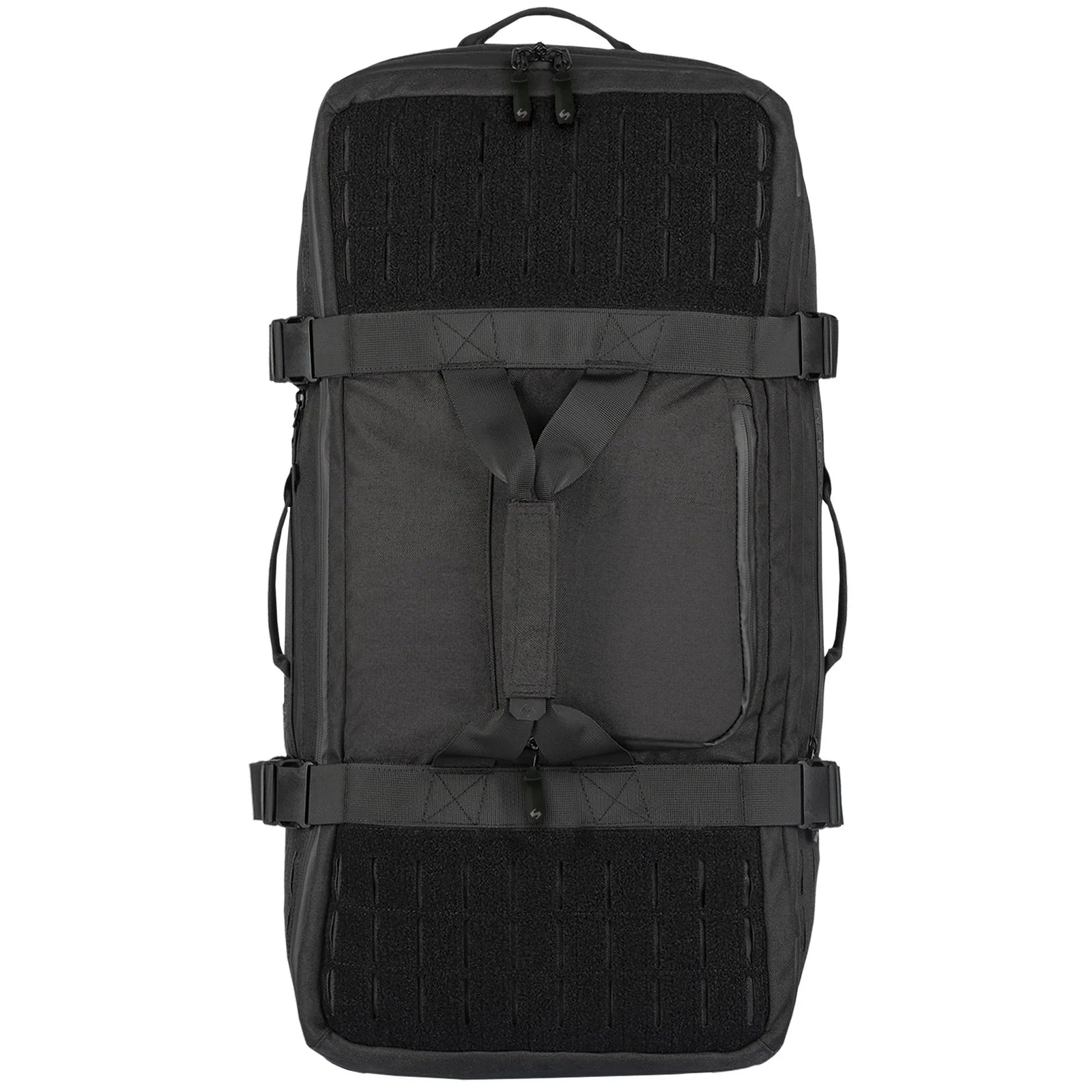 Die STOIRM 50L Duffel Bag von STOIRM ist in Schwarz gehalten und hat eine rechteckige Form, mehrere Griffe, verstellbare Träger und ein Gittermuster auf der Vorderseite. Diese wasserfeste Tasche ist ideal für alle Ihre Reisebedürfnisse.