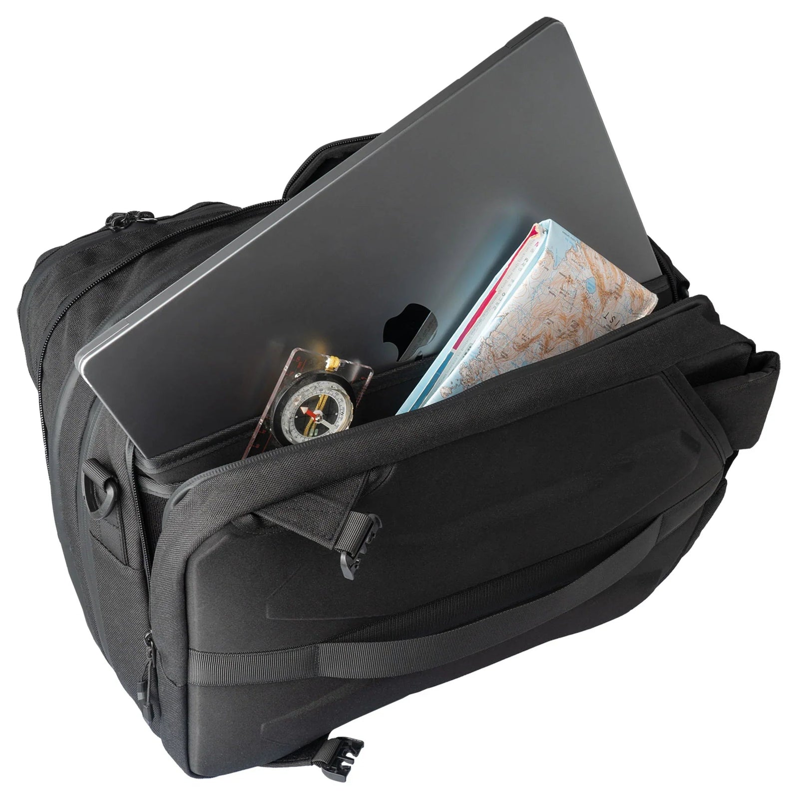 Die STOIRM Messenger Bag von STOIRM, hier mit teilweise geöffnetem Reißverschluss und Laptop, Karte und Kompass im Hauptfach, ist eine wasserfeste Tasche mit praktischem Laptopfach 17 Zoll - perfekt für alle Ihre Abenteuer.