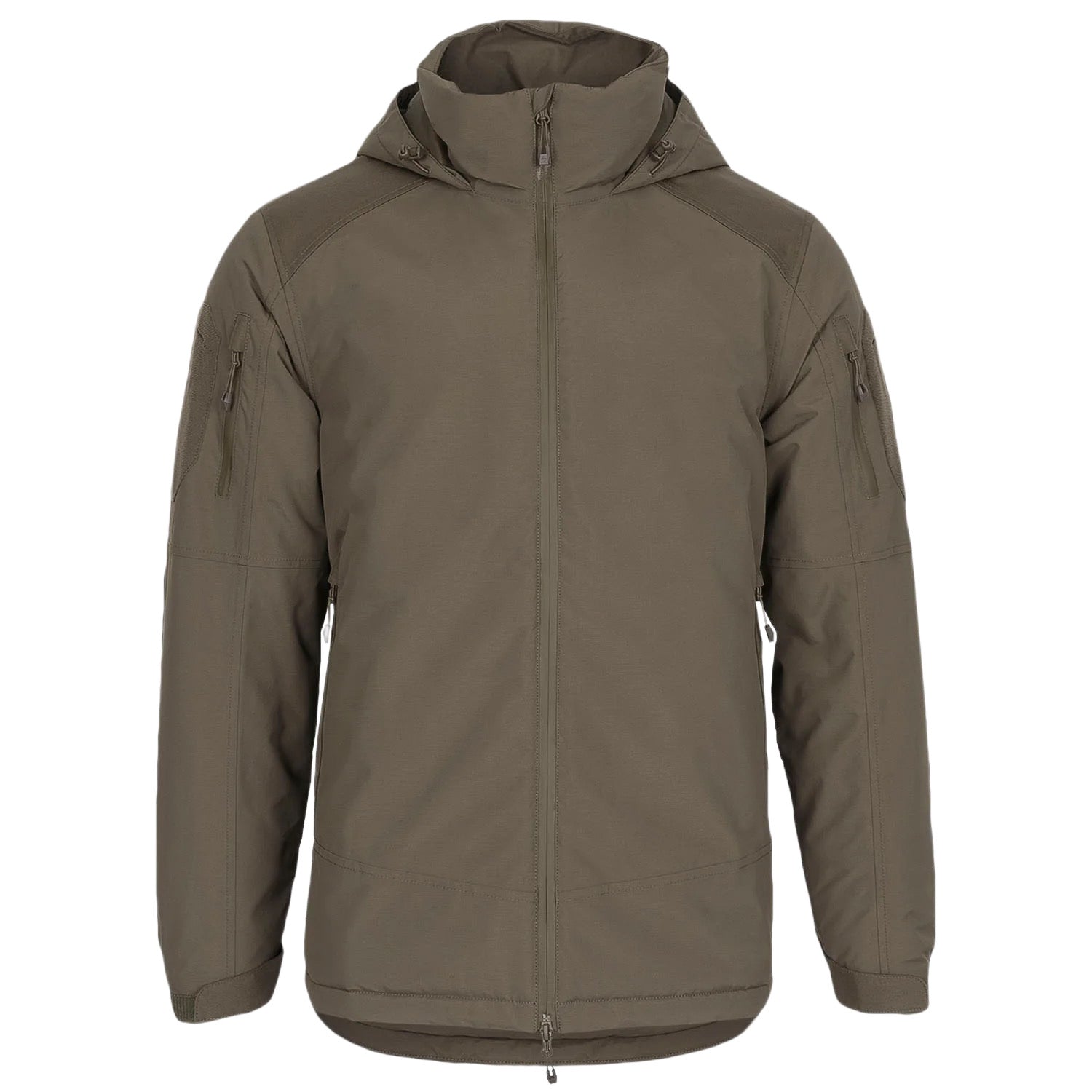 STOIRM Primaloft® Winter Jacket in Ranger Green, mit Kapuze, durchgehendem Reißverschluss, Ärmeln mit Reißverschluss und Seitentaschen von STOIRM, flach auf weißem Grund abgebildet.