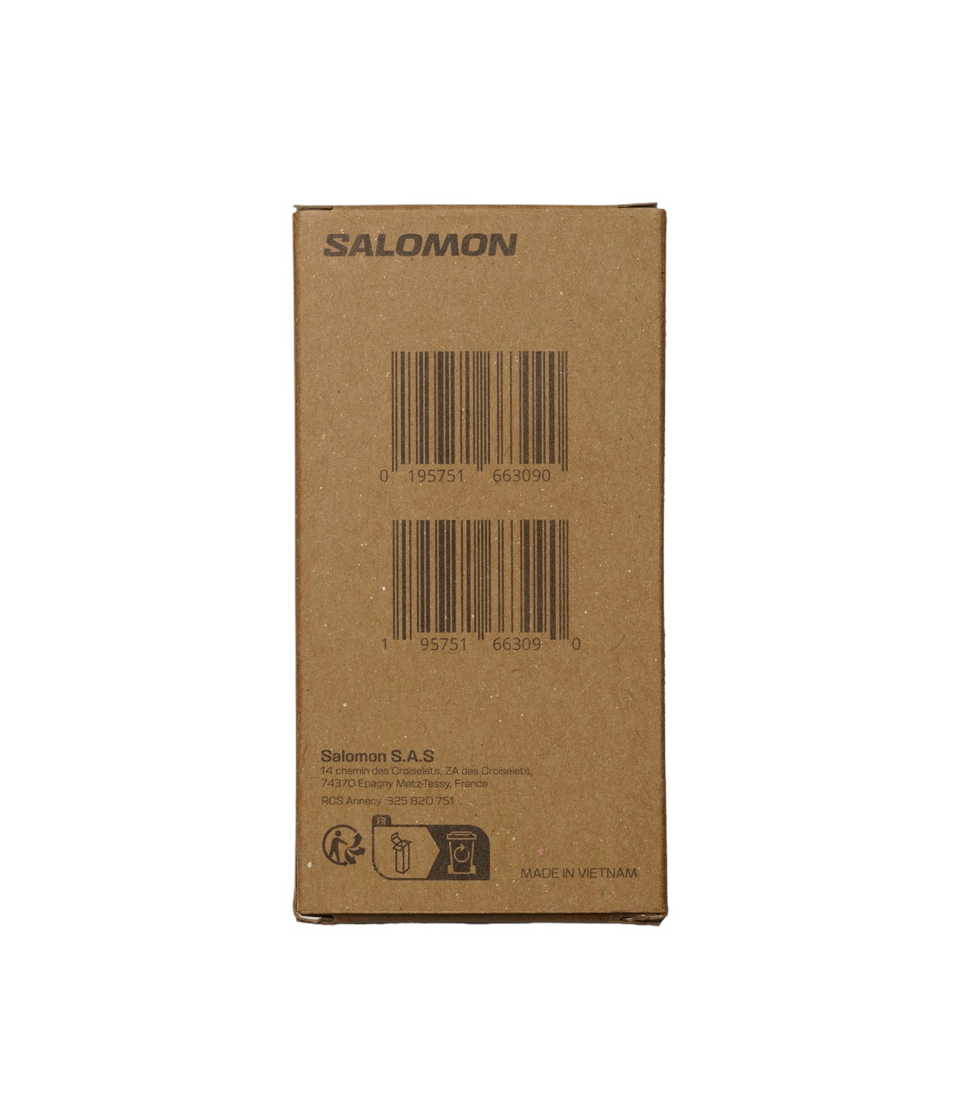 Eine braune Pappschachtel steht aufrecht, mit zwei Strichcodes, SALOMON FORCES oben und Produktinformationen und Symbolen unten - ideal für die Aufbewahrung der Salomon FORCES Spare Lace - Black.
