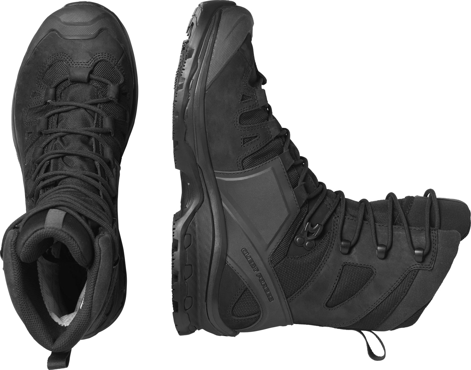 Zwei schwarze SALOMON FORCES QUEST 4D FORCES 2 HIGH GTX EN Stiefel sind abgebildet: der linke von oben, der rechte mit Profil, Schnürsenkeln und robustem GORE-TEX Design - und zeigt den wahren taktischen Stiefelstil.