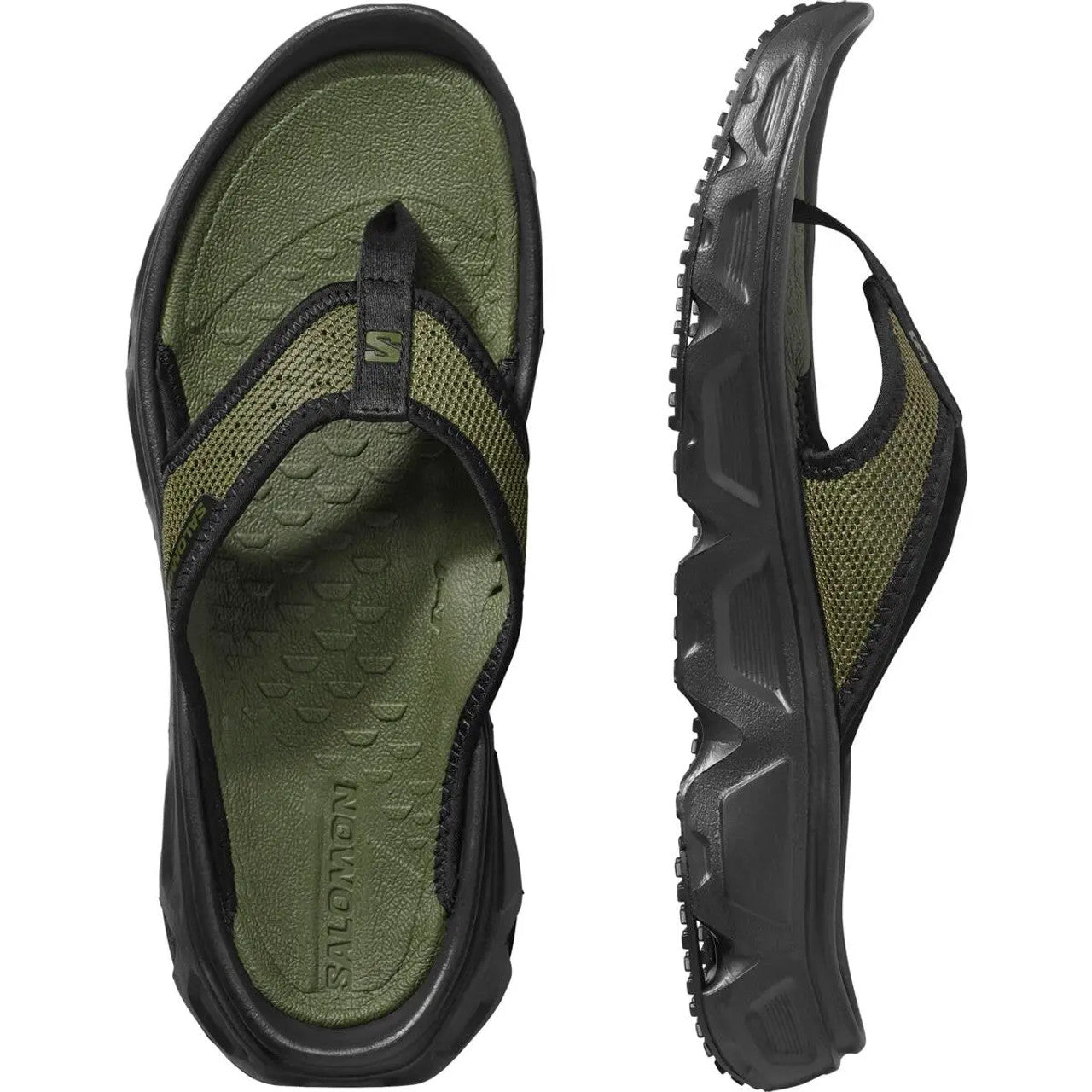 Die SALOMON FORCES RX BREAK FORCES Sandalen in Olive Night/Schwarz verfügen über ein strukturiertes Fußbett, strapazierfähige Mesh-Riemen und robuste Sohlen - perfekt als Erholungssandale nach langen Outdoor-Abenteuern.