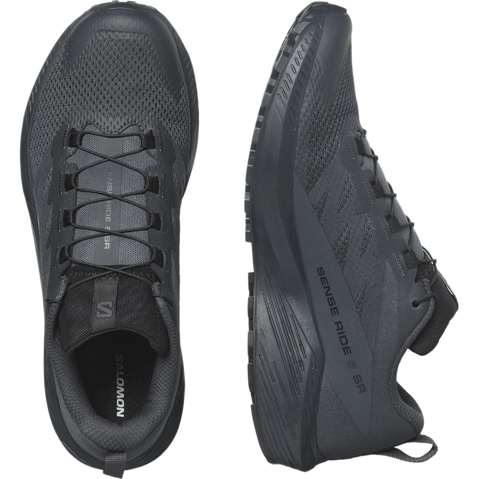 Ein Paar SALOMON FORCES Salomon SENSE RIDE 5 SR - India Ink Schuhe, gezeigt von oben und von der Seite, mit Mesh-Obermaterial, Schnellschnürsystem und All Terrain Contagrip-Außensohle für hervorragenden Grip.