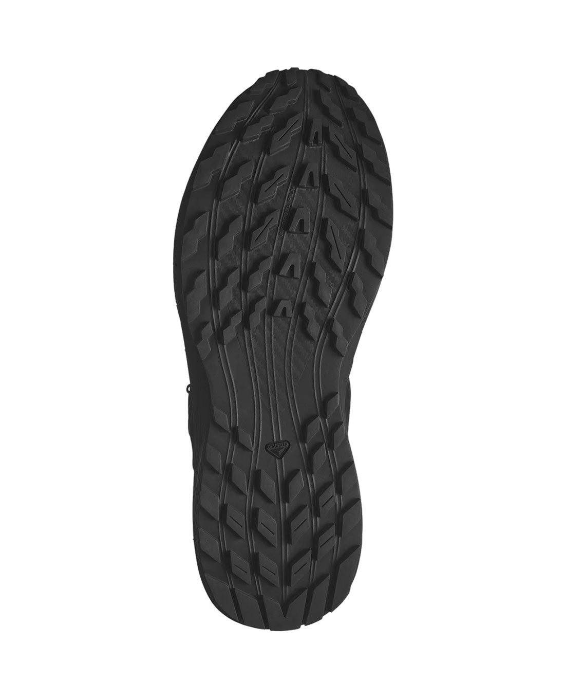 Die schwarze Sohle des SALOMON FORCES Salomon SENSE RIDE 5 SR LEATHER verfügt über ein robustes, strukturiertes Profil für hervorragenden Grip und Traktion - ideal für Outdoor-Abenteuer oder Trailrunning - auf weißem Grund.