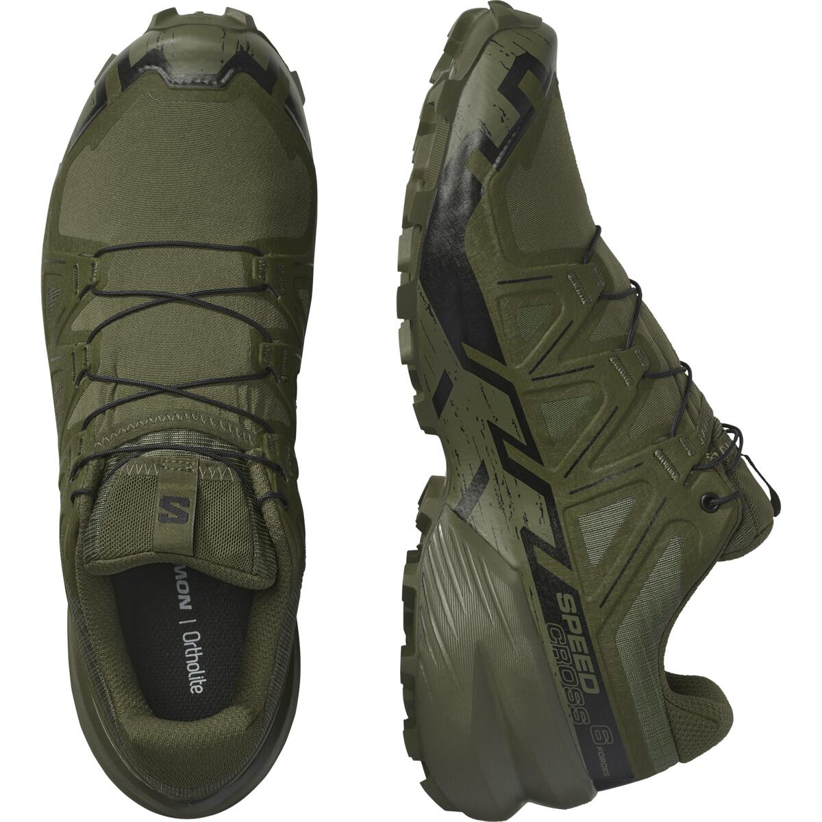Ein Paar SALOMON FORCES SPEEDCROSS 6 FORCES Trailrunning-Schuhe in Ranger Green, von oben und von der Seite gesehen, mit robusten Sohlen, Schnellschnürsystem und Branding - entwickelt für Stabilität und Komfort auf Trails, auch für breite Füße.