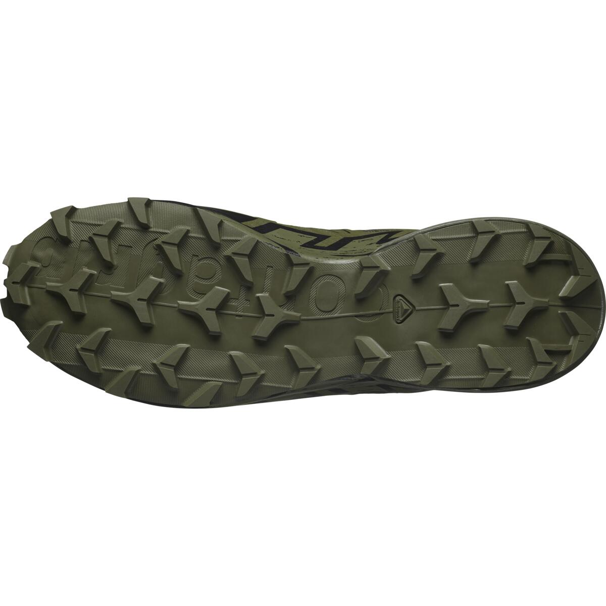Das Bild zeigt die grüne Außensohle eines Salomon SPEEDCROSS 6 FORCES Trailschuhs mit tiefen, multidirektionalen Stollen für Traktion und dem SALOMON FORCES Schriftzug in der Mitte - ideal für breite Füße auf rauen Trails.