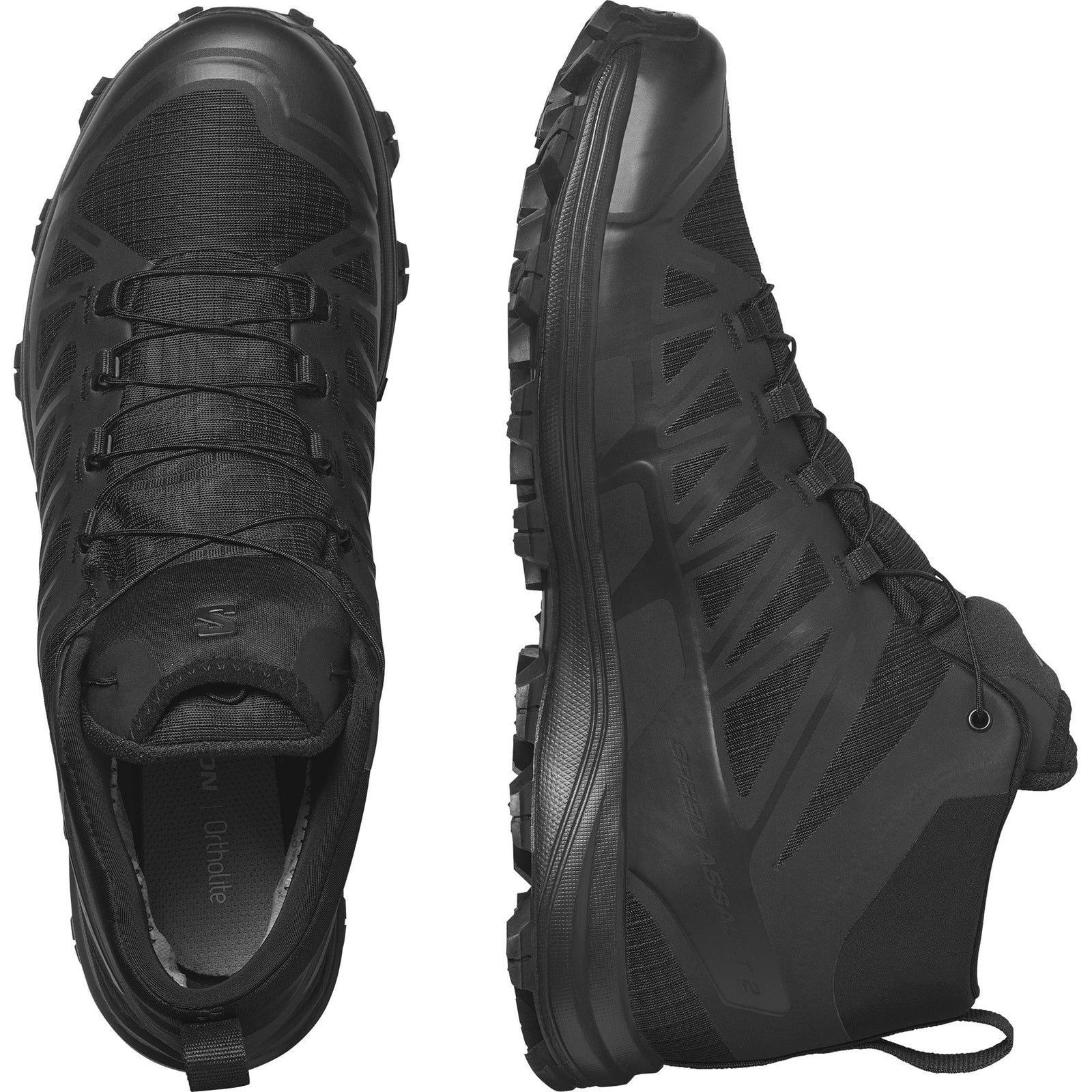 Der SALOMON FORCES Salomon SPEED ASSAULT 2 GTX - Black wird einmal von oben und einmal von der Seite gezeigt, um das robuste Profil, die Schnürung und die langlebige Konstruktion hervorzuheben.