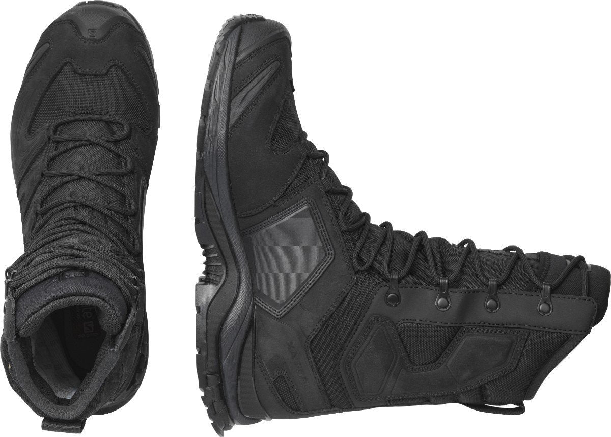 Die Salomon XA FORCES 8" GTX EN Stiefel von SALOMON FORCES in Schwarz, von oben mit sichtbaren Schnürsenkeln und Zehen, und von der Seite, die das hohe Knöcheldesign und die robuste Sohle betont.