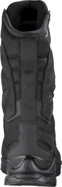 Eine Nahaufnahme der Rückseite des SALOMON FORCES XA FORCES 8" GTX DE - Black zeigt das strukturierte Gewebe, die präzisen Nähte und die strapazierfähige Gummisohle - Markenzeichen für die Qualität dieses taktischen Stiefels.