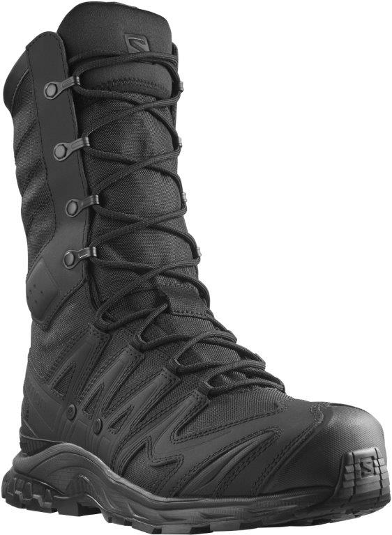 Der SALOMON FORCES Salomon XA FORCES JUNGLE - Black ist ein schwarzer taktischer Stiefel mit einem hohen Knöchel, dicker Sohle, strapazierfähigen Schnürsenkeln, verstärkter Spitze, Metallösen, robustem Material und schnelltrocknend für den robusten Einsatz.