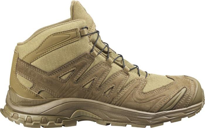 Der Salomon XA FORCES MID von SALOMON FORCES ist ein coyote-brauner, mittelhoher Wanderschuh mit robustem Profil, detaillierten Nähten, Mesh-Gewebe und Synthetik-Overlays, abgebildet im Seitenprofil auf weißem Hintergrund.