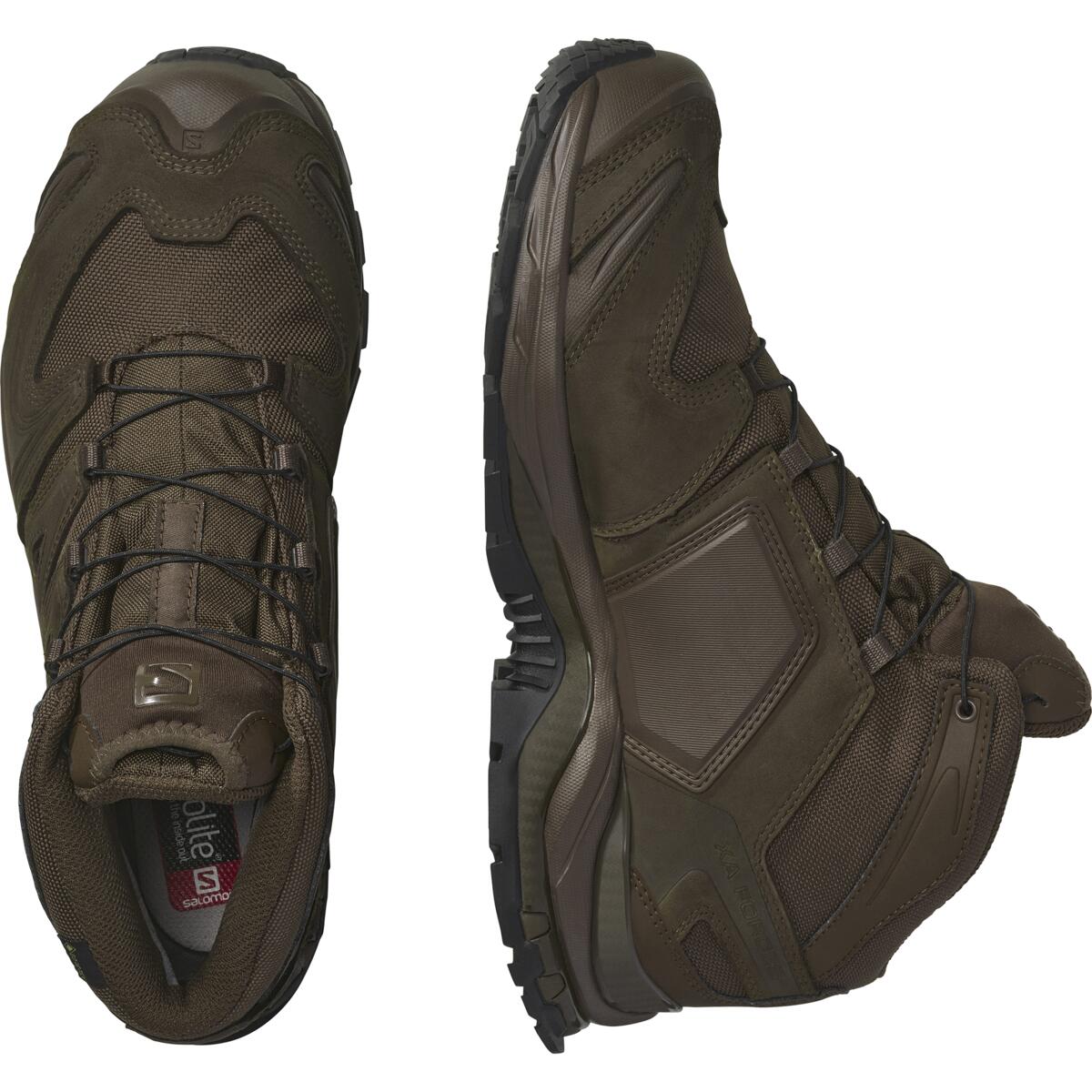 Ein Paar SALOMON FORCES Salomon XA FORCES MID EN - Earth Brown Schuhe, von oben und von der Seite gezeigt, mit robusten Sohlen, Mesh- und Ledereinsätzen, sicheren Schnürsenkeln und stützendem Knöchel-Design.