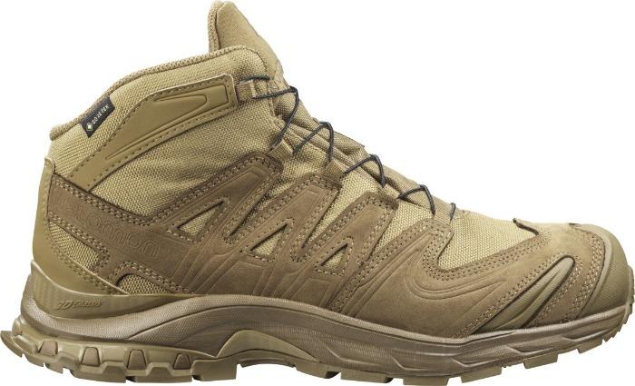 Der SALOMON FORCES Salomon XA FORCES MID GTX - Coyote Brown ist ein brauner, hoch geschnittener Wander-/Taktikstiefel mit robustem Profil, Mesh- und Synthetikeinsätzen, Schnürverschluss und wasserdichtem GORE-TEX-Schutz für den Einsatz im Freien oder bei starker Beanspruchung.