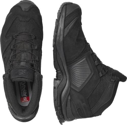 Der SALOMON FORCES Salomon XA FORCES MID GTX EN - Black ist ein robuster Mesh-Panel-Stiefel mit Ortholite-Branding, dargestellt in der Drauf- und Seitenansicht - ideal als Einsatzschuh Militär Polizei oder wasserdichter knöchelhoher Schuh.
