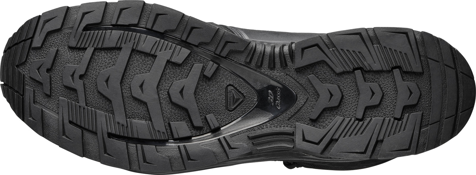 Nahaufnahme der robusten schwarzen Gummisohle des SALOMON FORCES XA FORCES MID WIDE GTX EN, die mit ihrem strukturierten Profil für hervorragende Traktion und Haltbarkeit sorgt.