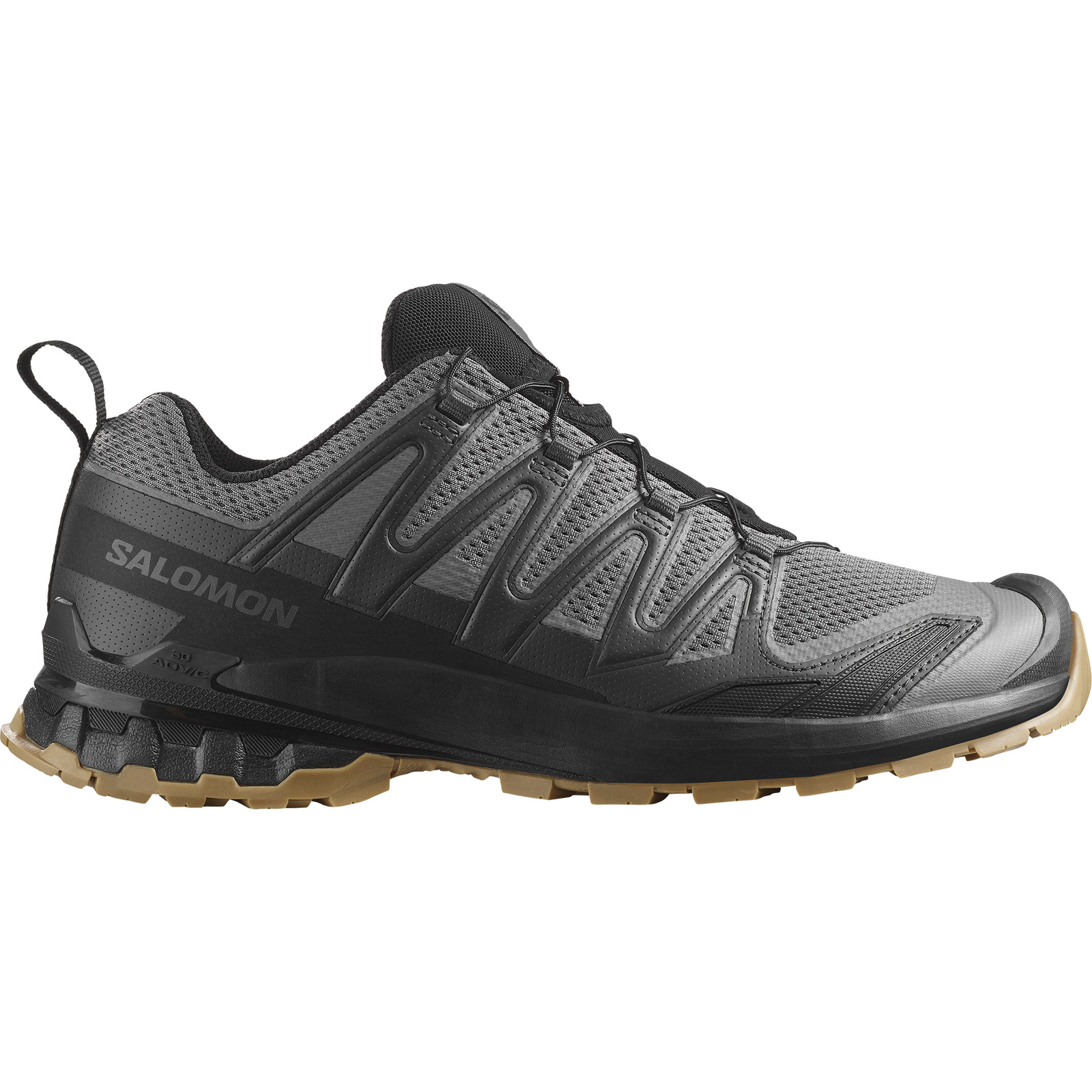 Der SALOMON FORCES XA PRO FORCES in Clrock/Schwarz/Gum verfügt über ein Obermaterial aus Mesh, eine verstärkte Zehenpartie, eine robuste Gum-Sohle und das SensiFit-System. Abgebildet im Seitenprofil auf weißem Hintergrund.