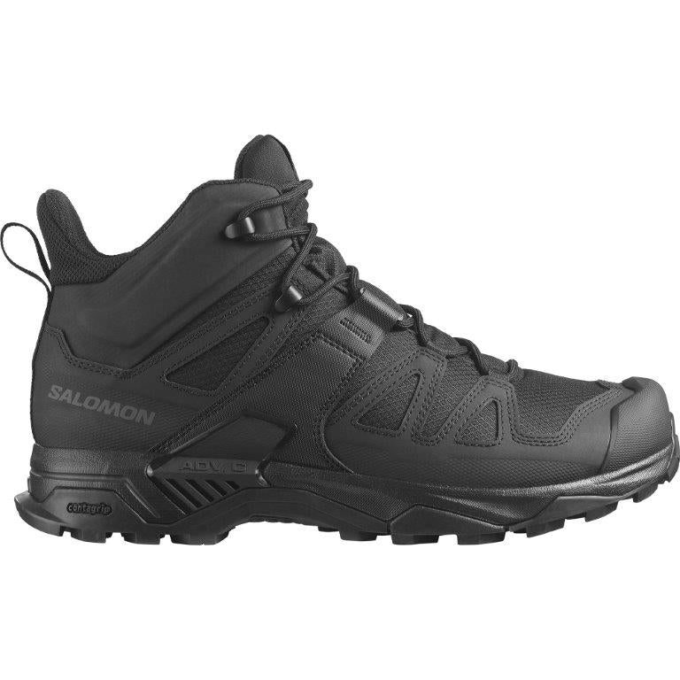 Der Salomon X ULTRA FORCES MID - Black von SALOMON FORCES verfügt über strapazierfähige Mesh- und Synthetik-Overlays, ein robustes Profil, eine gepolsterte Knöchelunterstützung und das typische Salomon-Branding an der Seite.
