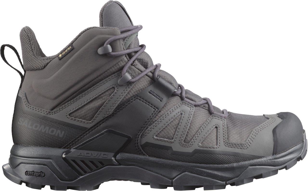 Ein SALOMON FORCES X ULTRA FORCES MID GTX - Wolf Wanderstiefel in Grau mit robustem Profil, Mesh- und Synthetik-Overlays, hohem Knöchelschutz und grauen Schnürsenkeln wird von der Seite auf weißem Hintergrund gezeigt.