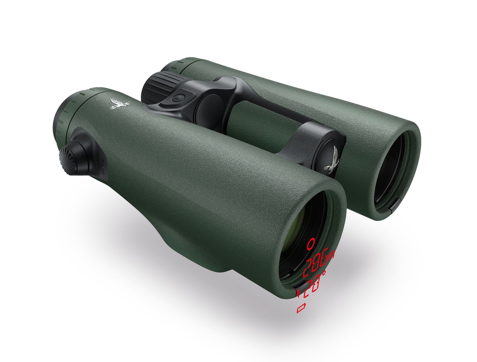 Ein SWAROVSKI OPTIK EL Range 8x42 TA Fernglas verfügt über ein digitales Display für Entfernungen und Symbole, das in einem Winkel dargestellt wird, der die Linsen und Bedienelemente hervorhebt - ideal für eine präzise Entfernungsmessung.