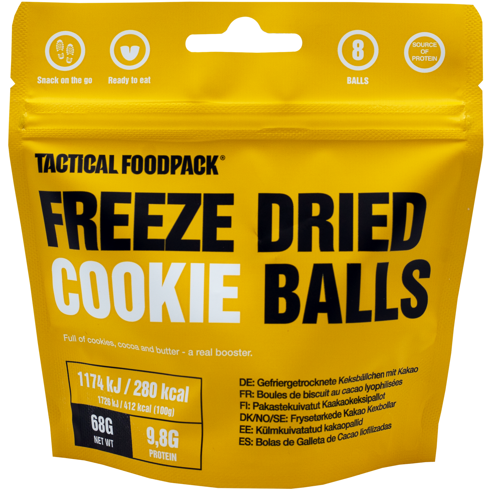 Ein gelber Beutel mit der Aufschrift TACTICAL FOODPACK Cookie Balls enthält 8 gefriergetrocknete Snack Balls, die 9,8g Protein und 280 kcal bieten - ideal als praktischer Energieriegel für unterwegs.