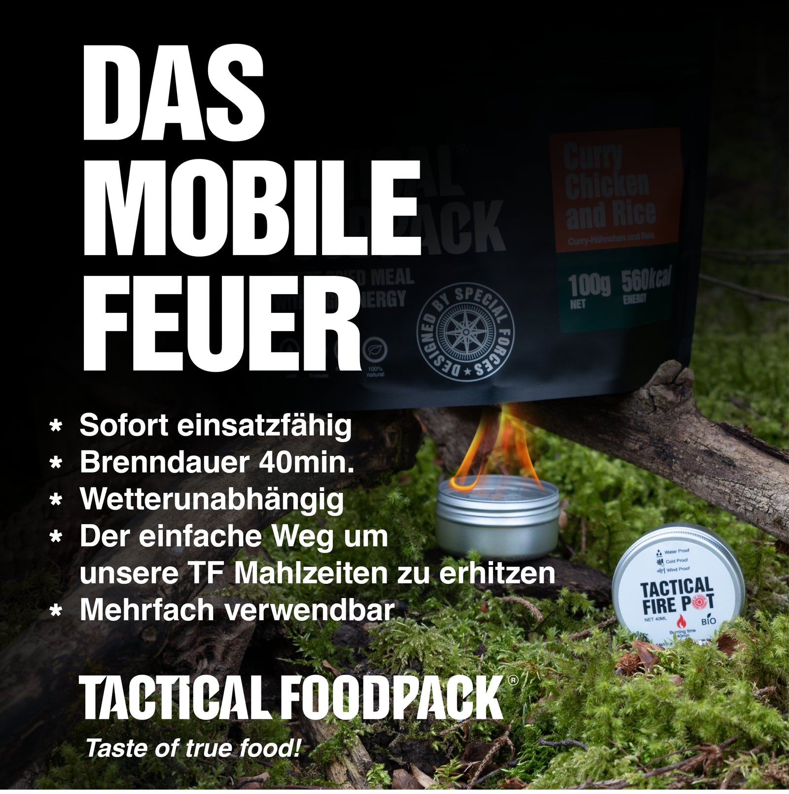 Ein Tactical Foodpack Tactical Fire Pot von TACTICAL FOODPACK brennt mit Biofire Brenngel neben einem grünen Essensbeutel auf moosigem Boden. Im deutschen Text wird er als mobile, wiederverwendbare, gebrauchsfertige Feuerquelle bezeichnet - langlebig und perfekt für die Erwärmung von Mahlzeiten im Freien.