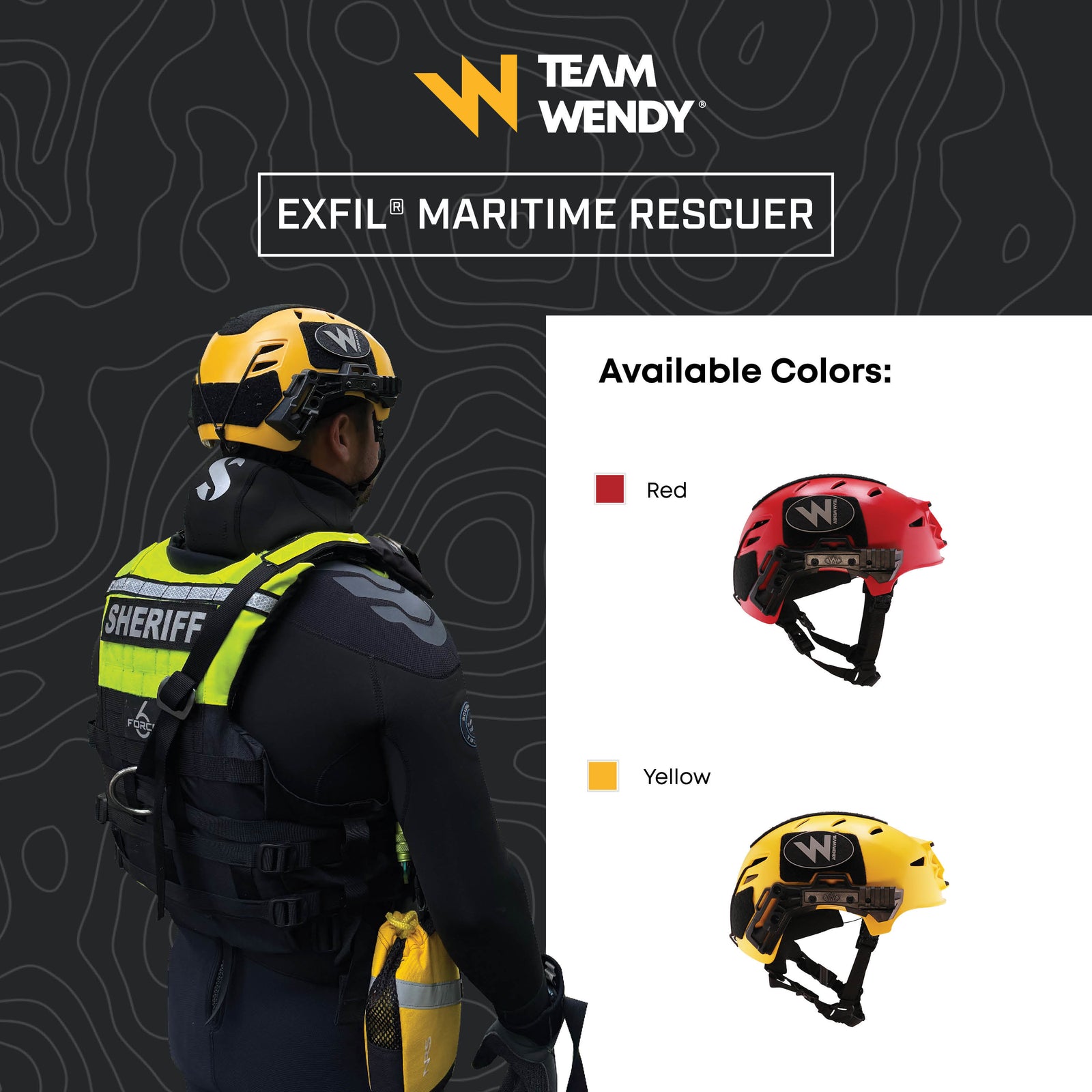Ein Sheriff mit gelbem Rettungshelm und -weste steht neben Bildern des TEAM WENDY Schutzhelm EXFIL Rescuer in den Farben Rot und Gelb - ideal für Such- und Rettungsaktionen. Verfügbare Farben: Rot, Gelb.