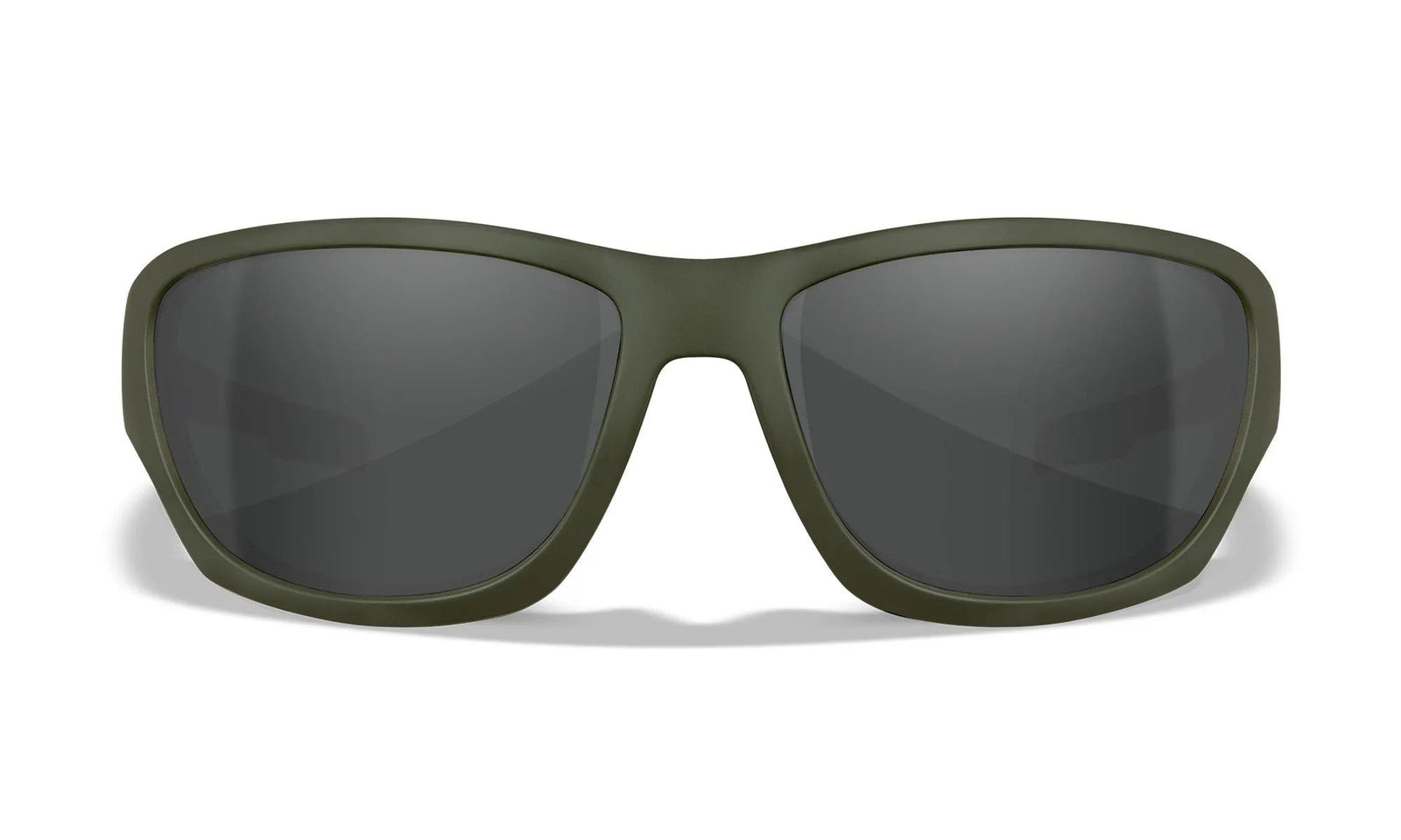 Die Wiley X Sonnenbrille CLIMB von WILEY X in Olivgrün, mit dunklen rechteckigen Gläsern und 100% UVA/UVB-Schutz, ist von vorne auf weißem Hintergrund zu sehen.