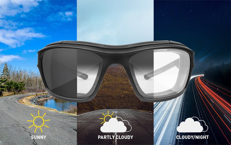 WILEY X Sonnenbrille OZONE in drei Lichtverhältnissen: dunkle Gläser für Sonne, mittlere Gläser für leichte Bewölkung und klare Gläser für Wolken oder Nacht - eine vielseitige Sportsonnenbrille für jede Umgebung.