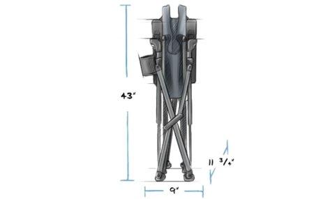 Der YETI® Campingstuhl Trailhead - Charcoal steht im zusammengeklappten Zustand aufrecht und verfügt über einen Becherhalter. Mit einer Höhe von 43", einer Breite von 9" und einer Tiefe von 11,75" ist er ein langlebiger YETI Campingstuhl, der ideal für Outdoor-Abenteuer ist.