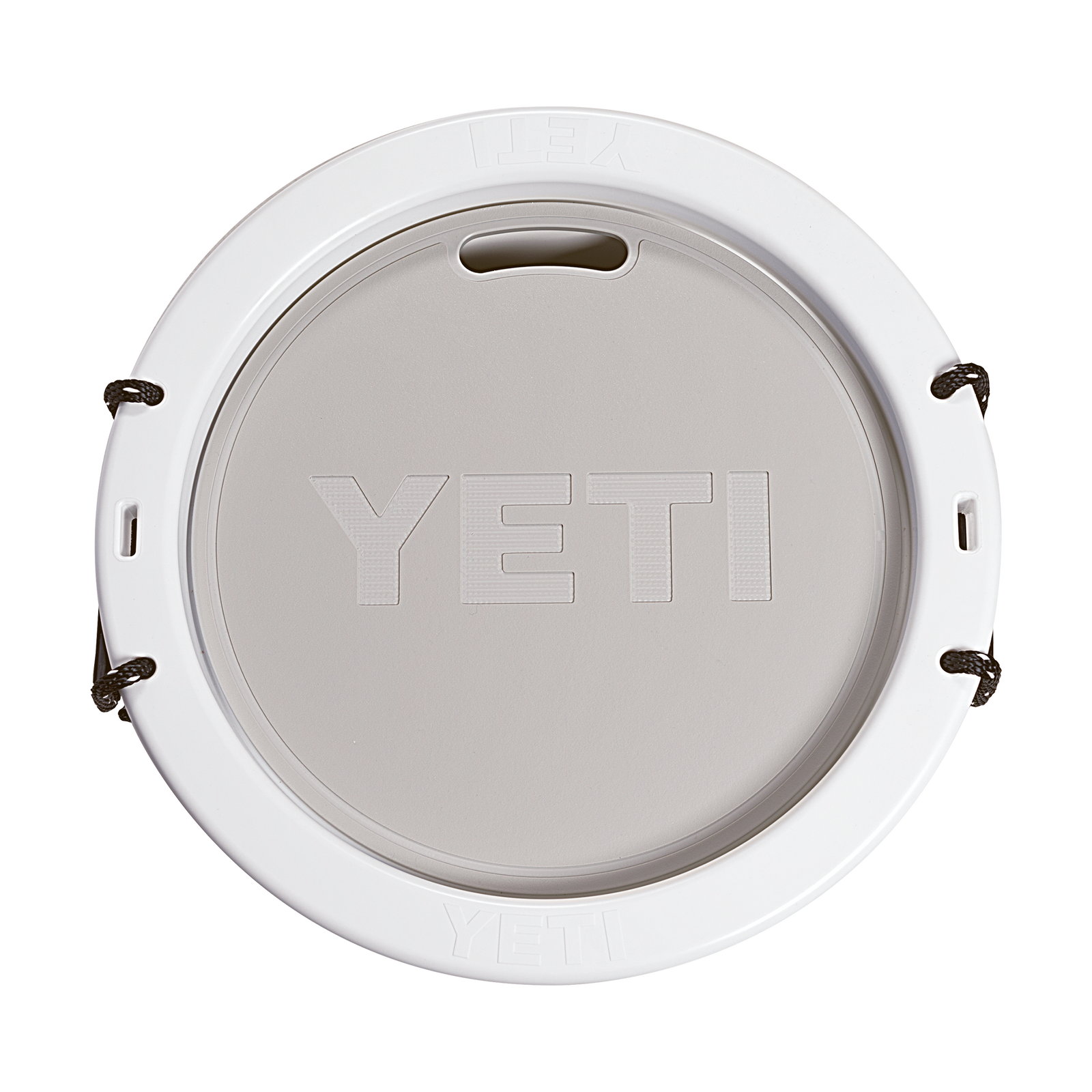 Draufsicht auf den durchsichtigen Deckel des YETI® Deckel Tank 45 mit geprägtem YETI-Schriftzug, weißem Rand mit Tragegriff und schwarzen Befestigungsschnüren - perfekt für den Deckel Ihrer Partymaschine.