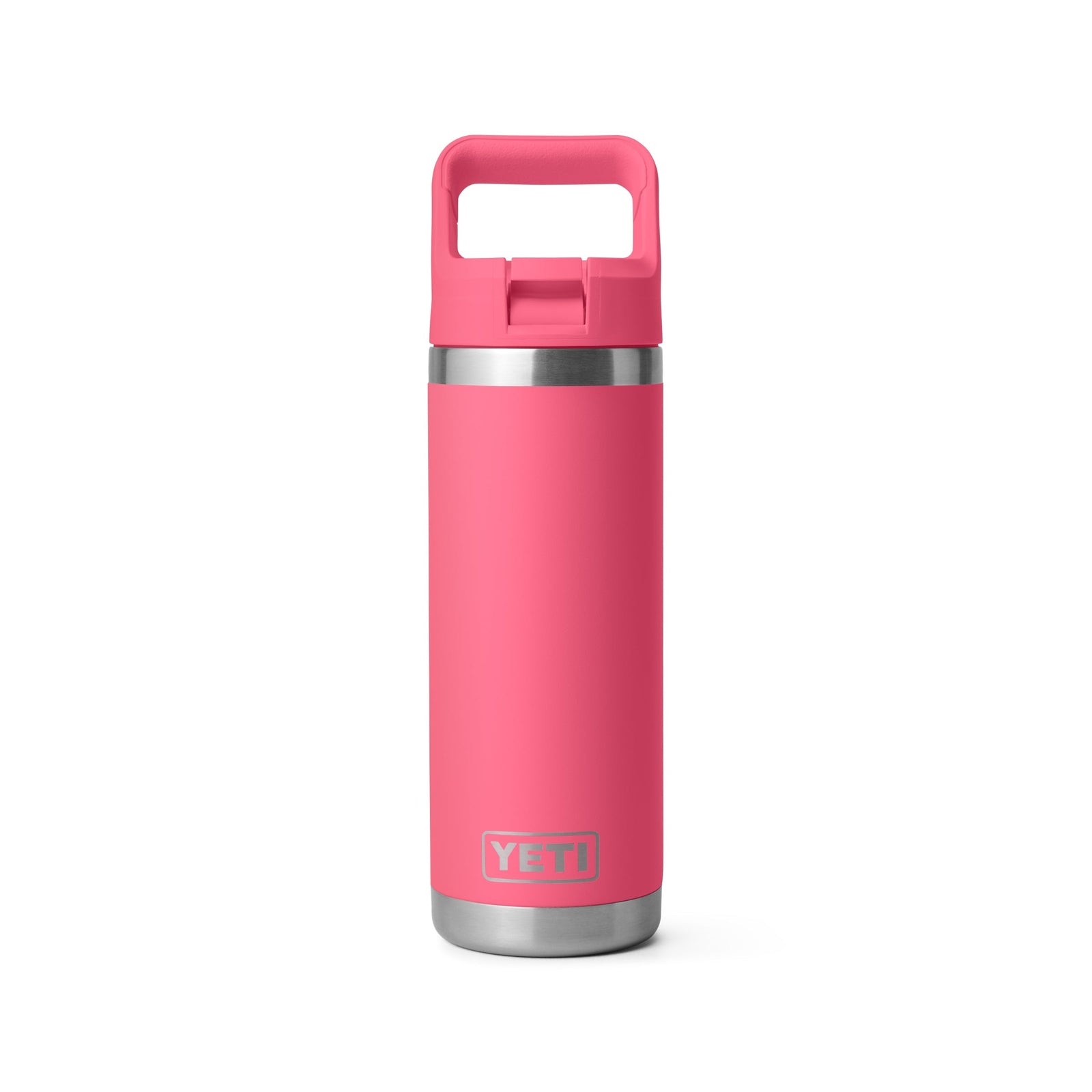 Eine YETI® Flasche Rambler 18 Oz Straw Bottle in Tropical Pink mit auslaufsicherem Deckel und Henkel steht aufrecht vor weißem Hintergrund.