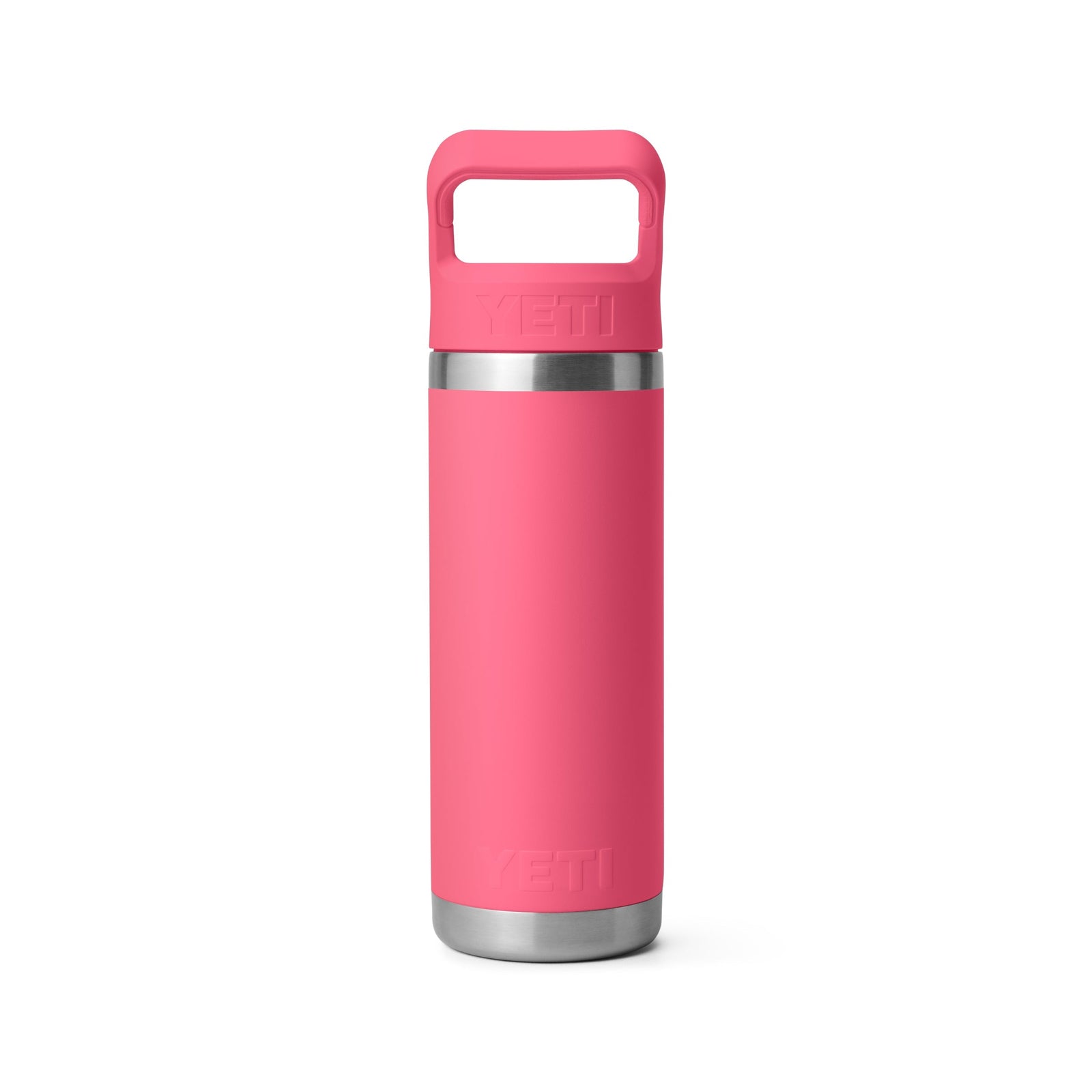 Die YETI® Flasche Rambler 18 Oz Straw Bottle in Tropical Pink aus Edelstahl mit silbernem Boden und weitem Henkeldeckel steht aufrecht vor weißem Hintergrund.